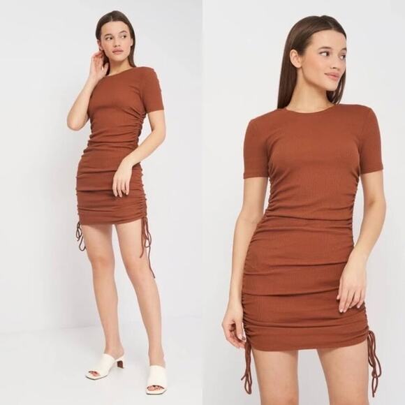 Zara Brown Ribbed Knit Short Sleeve Side Ruched Tie Mini Bodycon Dress Size S - Picture 4 of 12